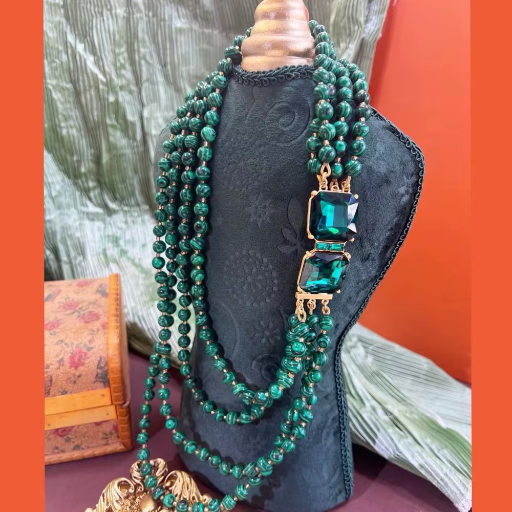 Vintage Luxury Emerald Crystal & Malachite Beaded Statement Necklace